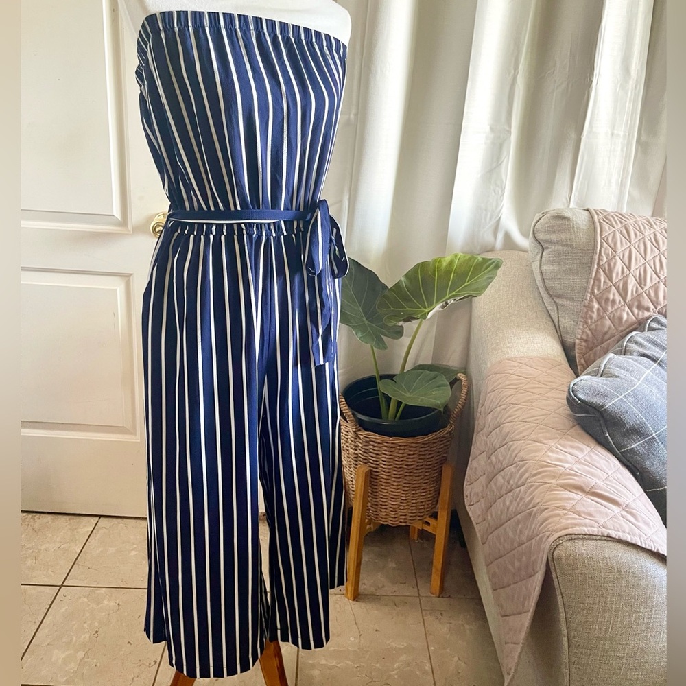 Navy Blue & White Pinstripe Strapless Jumpsuit